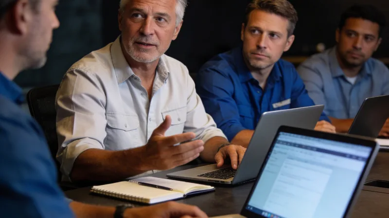 Group of established business owners collaborating around a laptop at a conference table