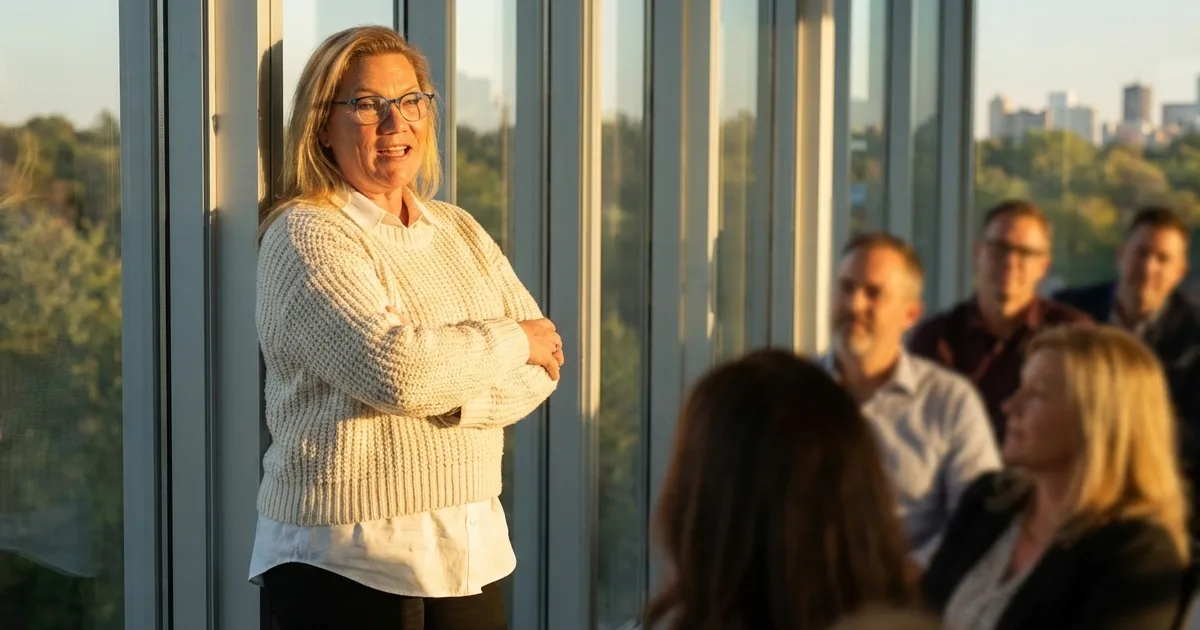 Carol Surbey leading a discussion with a group of business owners in an office