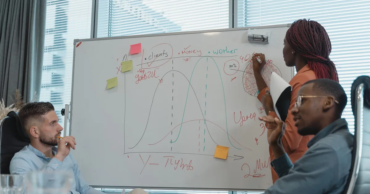 Small business team mapping out a growth plan on a whiteboard