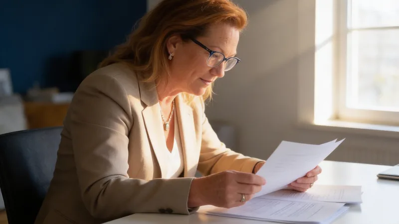 Established business owner reviewing financial documents at a desk in warm light