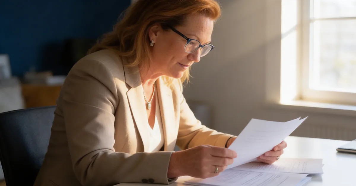 Established business owner reviewing financial documents at a desk in warm light