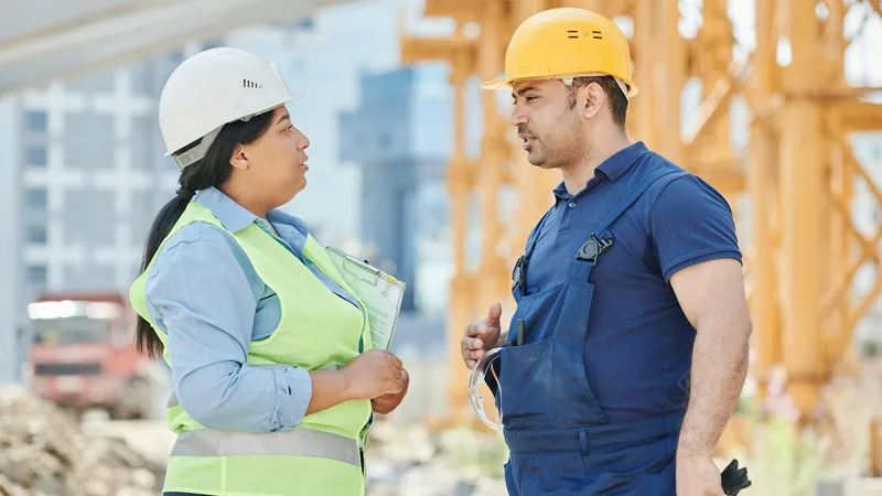 Two workers in hard hats and safety vests having a conversation at a construction job site before crews mobilize