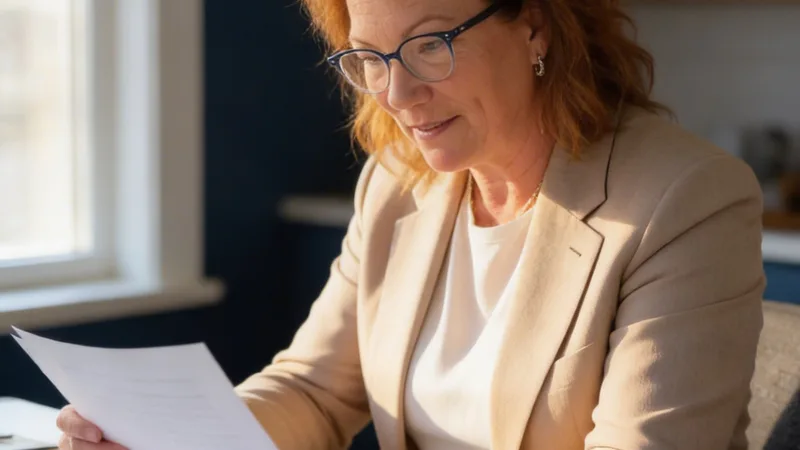 Established business owner at a desk in warm window light, pausing to think while reviewing documents