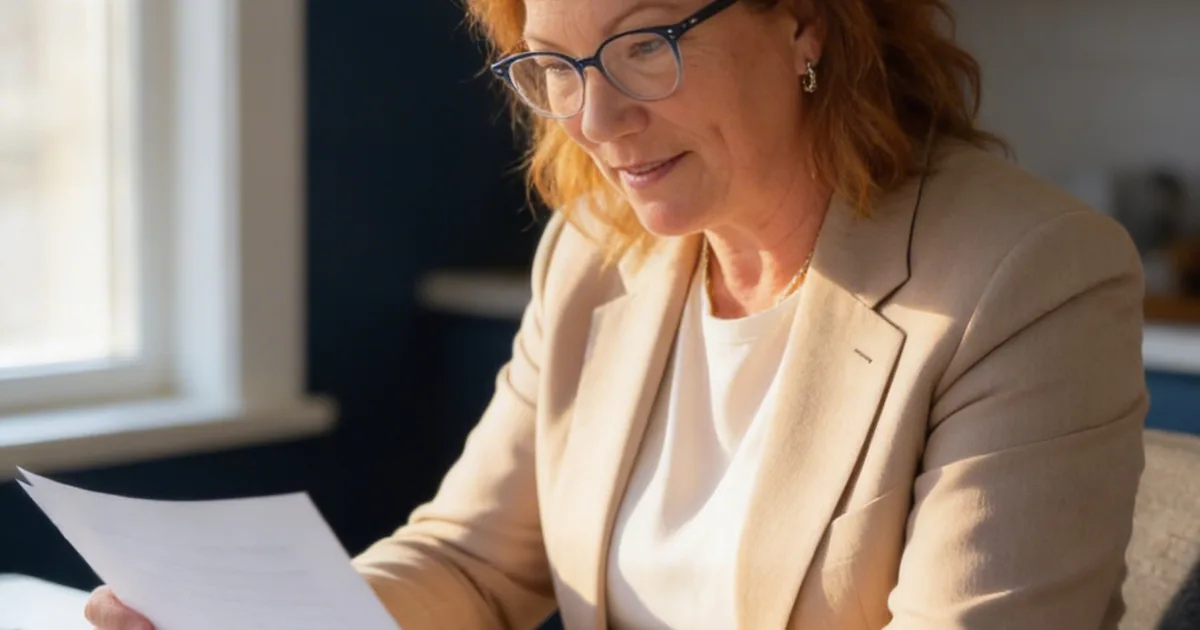 Established business owner at a desk in warm window light, pausing to think while reviewing documents