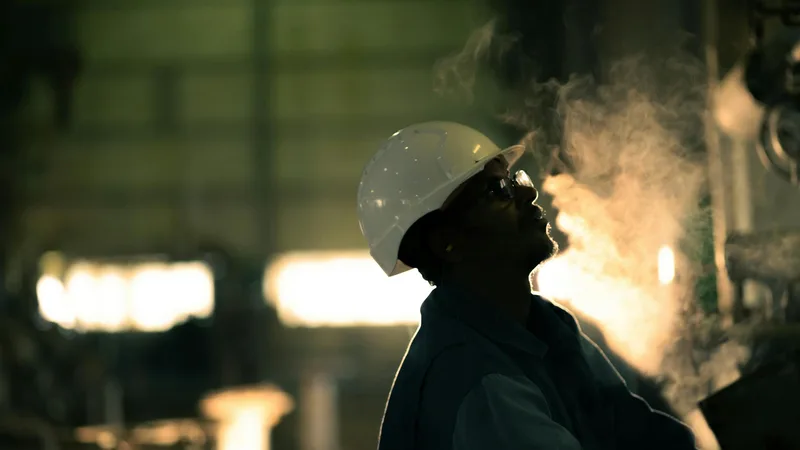 Industrial worker in hard hat surrounded by steam on a job site, representing an owner still physically on the tools in a field-based restoration business
