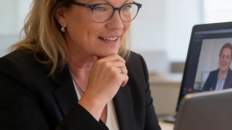 Business owner focused on a laptop in a bright office, weighing a decision